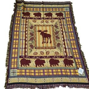 Simply Home Moose Bear Woven Tapestry Throw Blanket Cotton Lodge Cabin 51x71